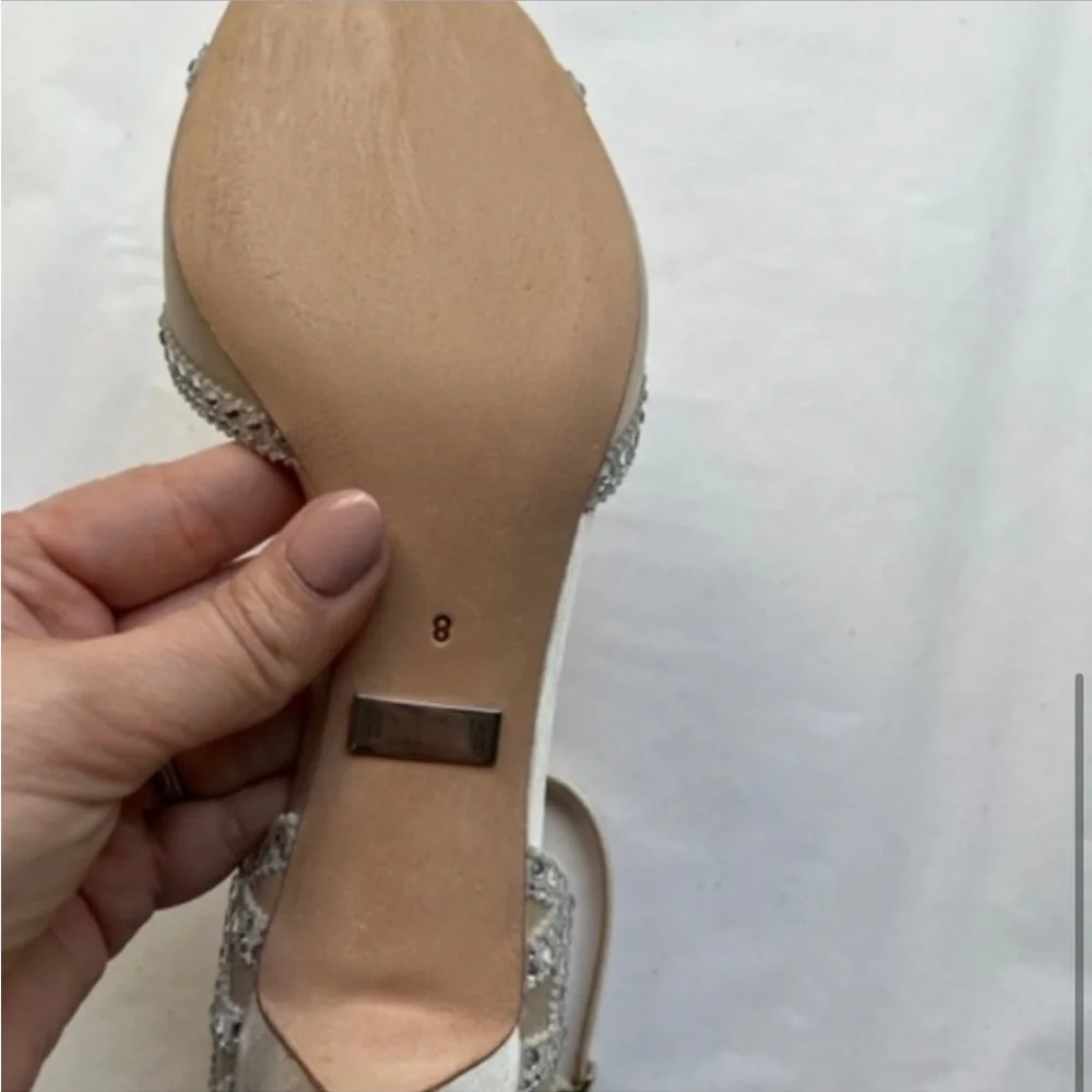 Badgley Mischka Champagne Satin Crystal Ankle-Strap Heels - Picture 4 of 5